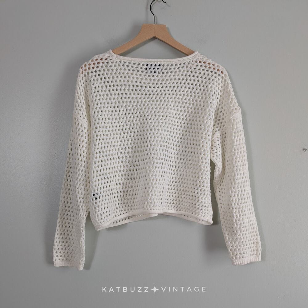 Open Knit Sweater L Off White Short Rolled Collar Boho Artsy Preppy Layering - Picture 2 of 9